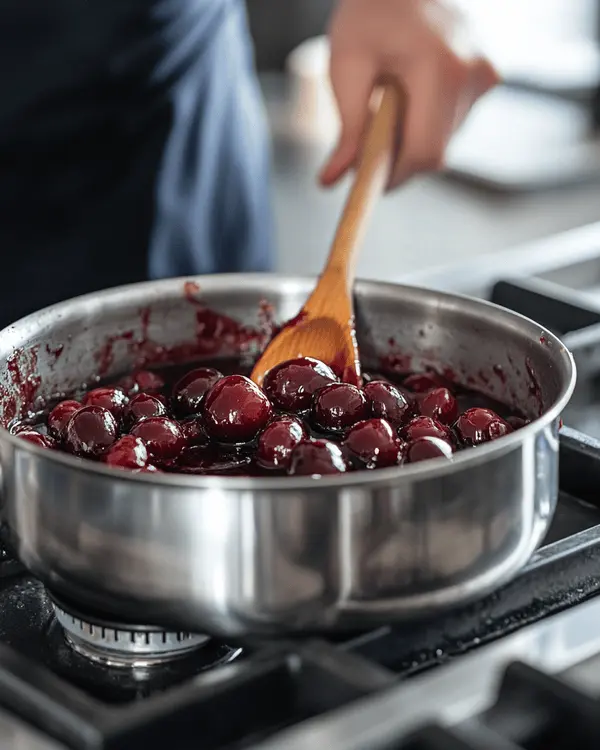 Almond Cherry Layer Cake with White Chocolate Ganache 3 Homemade cherry filling cooking in a saucepan with visible chunks of fruit and glossy texture.