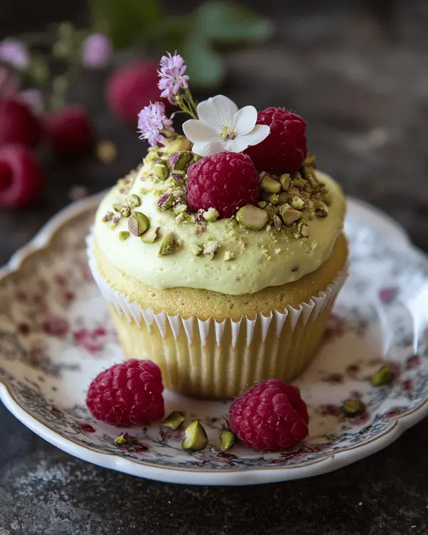A pistachio cupcake with raspberry frosting, garnished with raspberries and crushed pistachios.