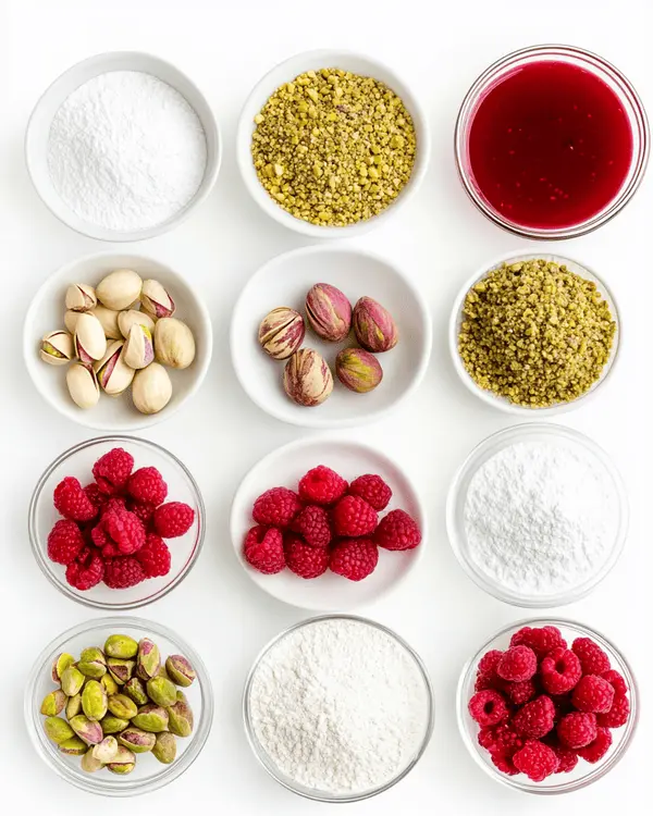 Flat lay of ingredients for pistachio cupcakes and raspberry frosting.