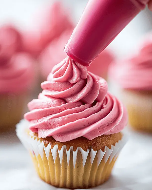 Raspberry frosting being piped onto a pistachio cupcake.