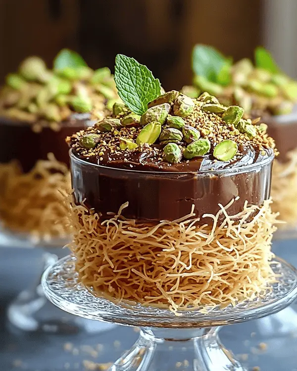 Viral Dubai Chocolate Pistachio Kataifi Cake 4 Individual servings of Viral Dubai Chocolate Pistachio Kataifi Cake layered in clear glass cups, topped with fresh mint and edible gold powder.