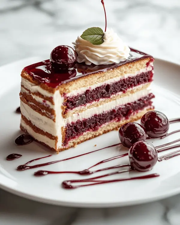 Almond Cherry Layer Cake with White Chocolate Ganache 4 Slice of Almond Cherry Layer Cake with White Chocolate Ganache on a dessert plate, garnished with fresh cherries and almond slivers.