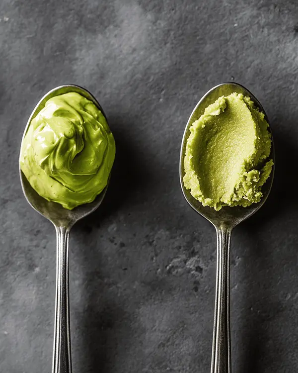 Comparison of Pistachio cream vs pistachio butter textures shown on spoons.