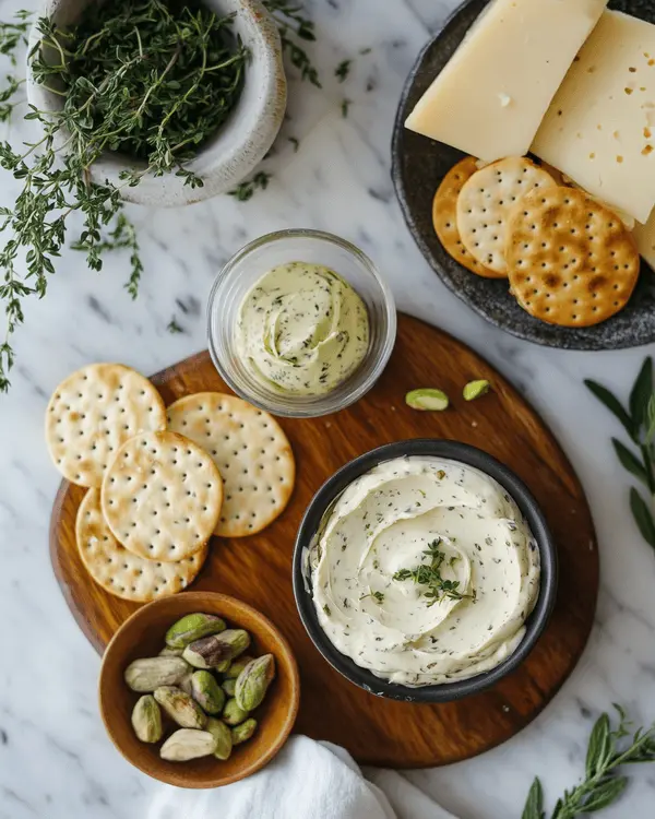 Pistachio cream on pastries and pistachio butter paired with crackers and cheese displayed on a kitchen table.