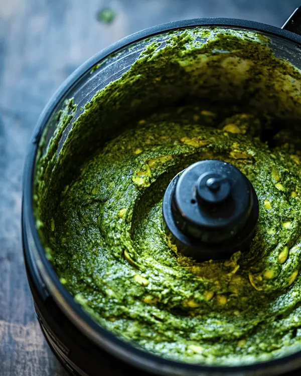 Hands scraping pistachio paste from the sides of a food processor during butter preparation.