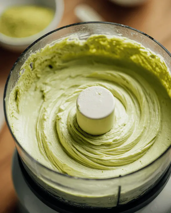 Food processor mixing smooth green pistachio butter with white chocolate creating creamy texture