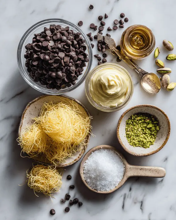 Dubai chocolate recipe ingredients including dark chocolate chips, pistachio butter, kataifi pastry, coconut oil and tahini arranged on marble surface