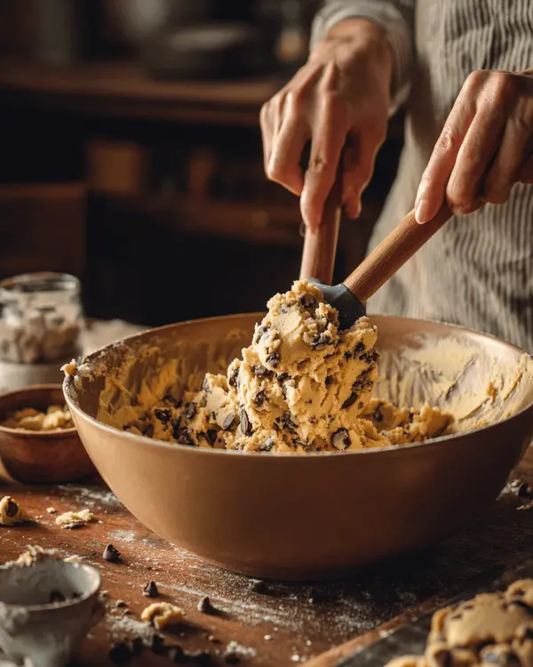 Baker folding pistachio chocolate chip cookie dough with a spatula in a home kitchen.