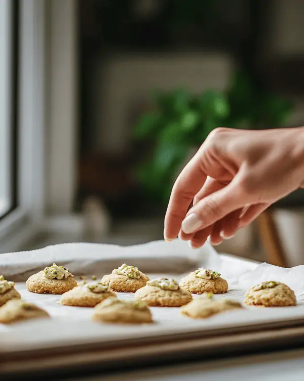 Hands stuffing pistachio cookie dough with frozen pistachio cream filling over a parchment-lined tray.