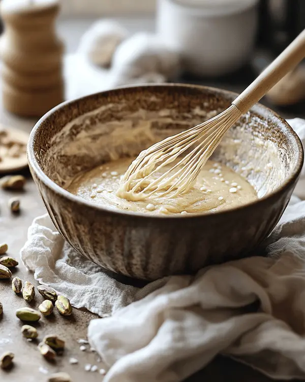 Brown Butter Pistachio White Chocolate Cookies 3 Mixing browned butter and sugars in a bowl with pistachios and white chocolate nearby.