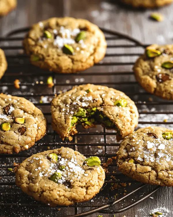 Freshly baked pistachio butter cookies cooling on a wire rack, one cookie broken open to show gooey pistachio center.