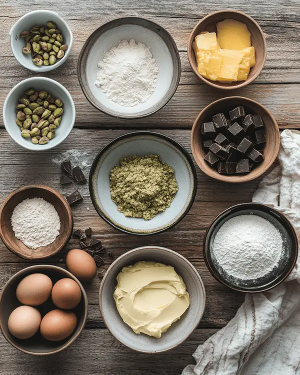 Flat lay of ingredients for pistachio butter cookies, including pistachio cream, brown butter, chocolate, and chopped pistachios.