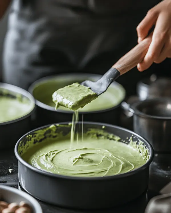 Pouring pistachio cake batter into pans during the baking process.