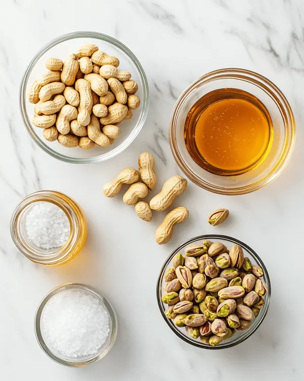  Ingredients for homemade peanut butter pistachio spread including roasted peanuts, shelled pistachios, sea salt, honey, and neutral oil arranged on marble counter