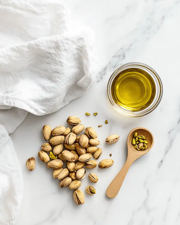 Fresh roasted pistachios, vegetable oil, and measuring spoons arranged on marble countertop for homemade pistachio nut butter recipe