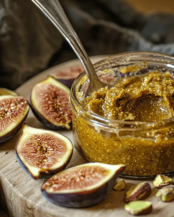 Pistachio Nut Butter: Ultimate Homemade Recipe 4 Pistachio nut butter spread on artisan bread with fresh figs and honey on rustic wooden serving board