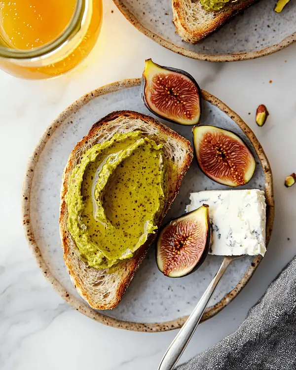 Pistachio butter served on crackers with honey on a casual kitchen table