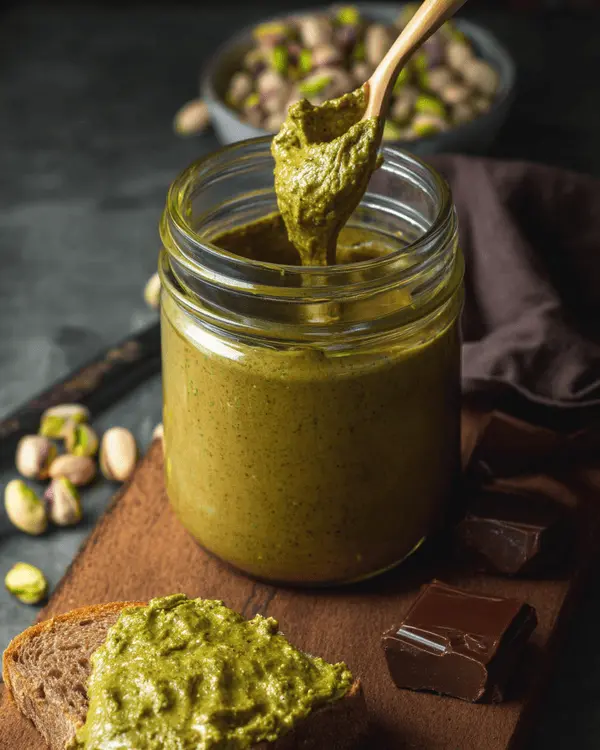 Homemade pistachio butter in glass jar served with bread and Dubai chocolate pieces