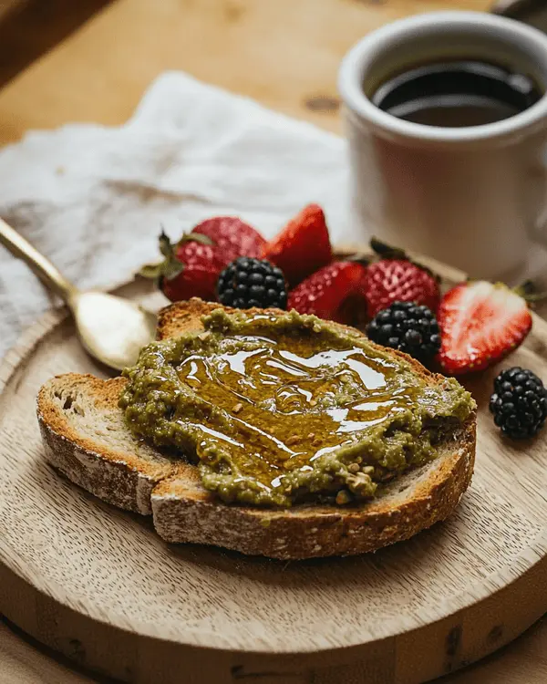 Artisanal sourdough toast topped with homemade pistachio nut butter, fresh berries, and honey on rustic wooden serving board