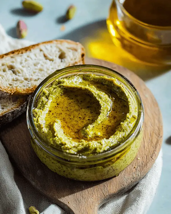 Homemade pistachio butter spread on toasted artisan bread with honey drizzle on wooden serving board