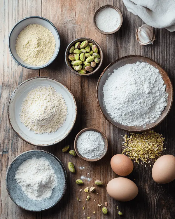 Flat lay of fresh ingredients for making pistachio cake with pistachio butter.