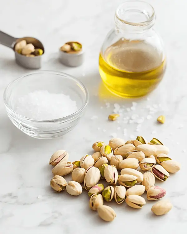 Raw shelled pistachios, sea salt, and neutral oil arranged on marble countertop for homemade pistachio butter recipe