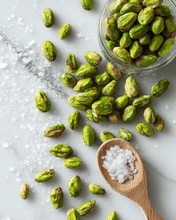 Raw shelled pistachios and flaky sea salt on marble surface - ingredients for homemade pistachio butter
