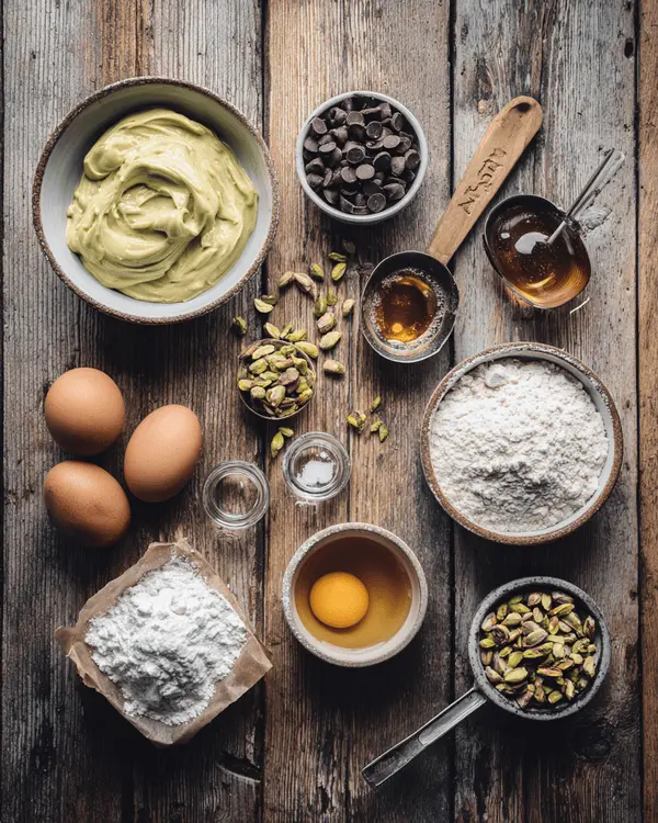 Ingredients for making brown butter pistachio cream chocolate chip cookies arranged on a wooden table.
