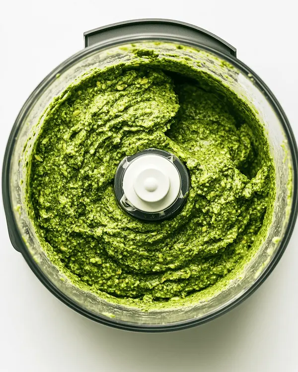 Food processor bowl showing pistachio butter in smooth, creamy stage during processing