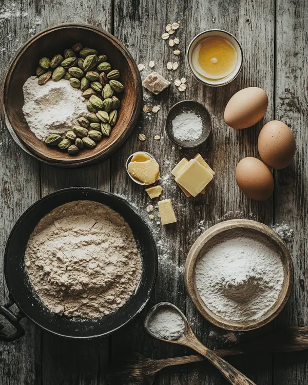 Brown Butter Pistachio White Chocolate Cookies 2 Flat lay of ingredients for brown butter pistachio white chocolate cookies on a rustic wooden table.