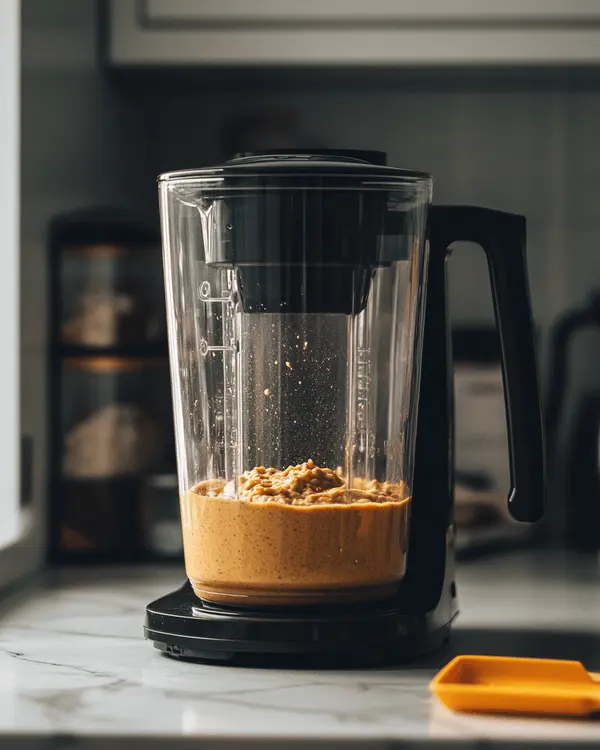 High-powered blender processing pistachios into smooth, creamy green pistachio nut butter during blending process