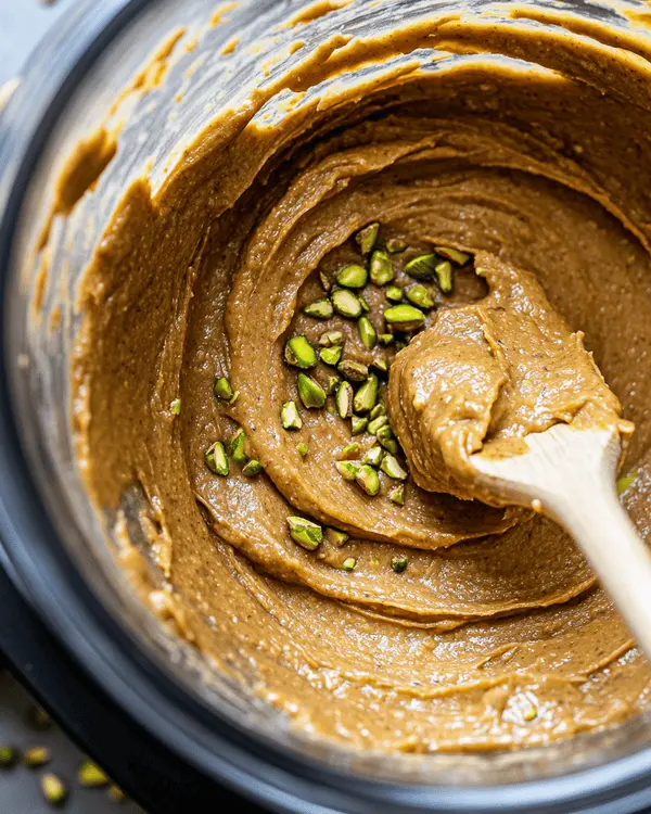 Food processor bowl containing smooth peanut butter pistachio mixture during blending process, showing creamy texture with green pistachio pieces