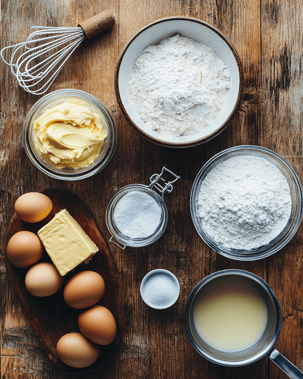 Cream Pistachio Gooey Butter Cake 2 Flat lay of cream pistachio gooey butter cake ingredients, including pistachio cream, cream cheese, cake mix, and eggs on a wooden kitchen table.