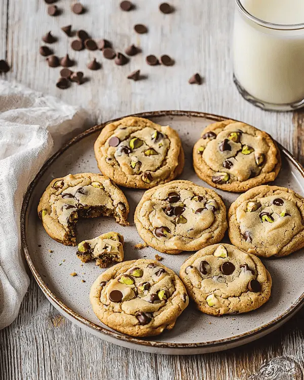 Plated brown butter pistachio cookies with one broken open to reveal creamy pistachio center, served with glass of milk