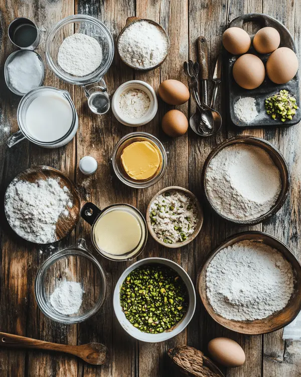 Flat lay of pistachio butter cake ingredients on a rustic table.