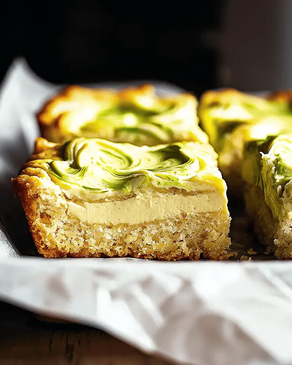 Cream Pistachio Gooey Butter Cake 4 Sliced squares of cream pistachio gooey butter cake topped with flaky sea salt on a white serving platter.