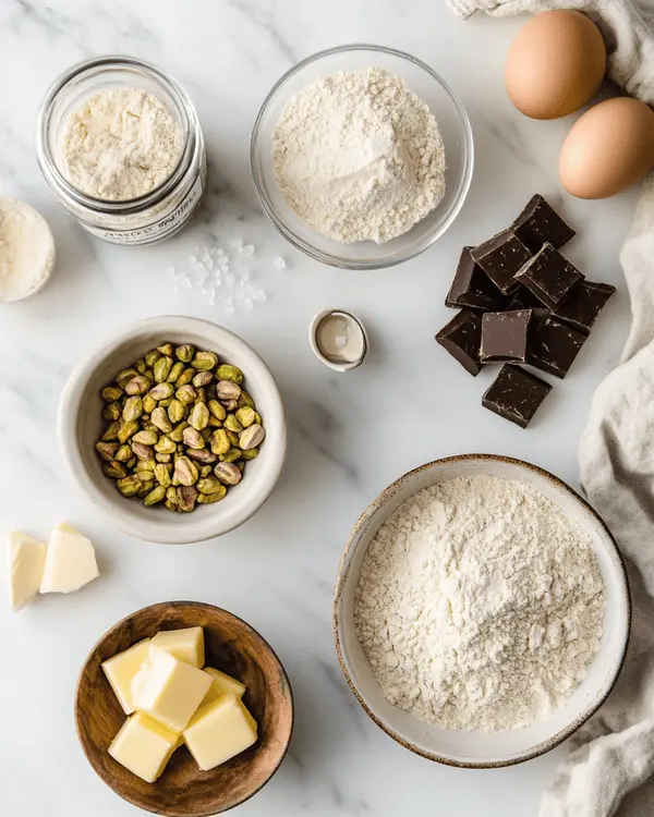 Ingredients for brown butter pistachio cookies arranged on marble countertop including butter, flour, sugars, eggs, chocolate, and pistachio cream