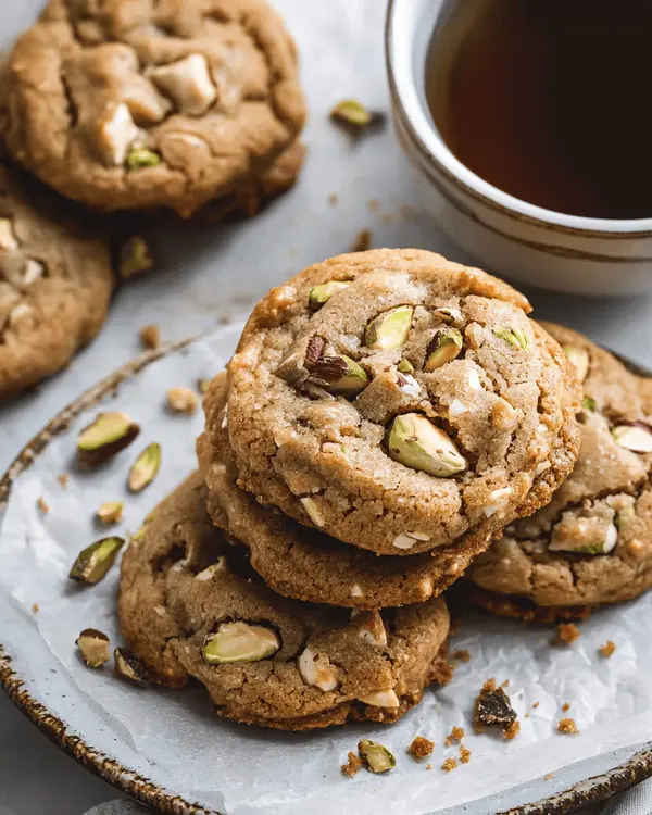 Brown Butter Pistachio White Chocolate Cookies 4 Brown butter pistachio white chocolate cookies served on a ceramic plate with tea.