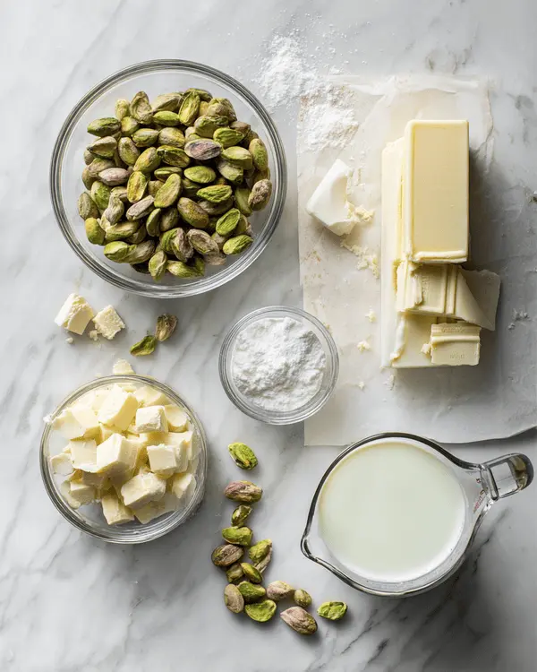 Ingredients for pistachio butter recipe including pistachios, white chocolate, powdered sugar, butter and heavy cream arranged on marble counter