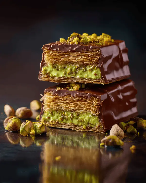 Gourmet Dubai chocolate bars showing layers of pistachio butter filling and crispy pastry with chocolate coating