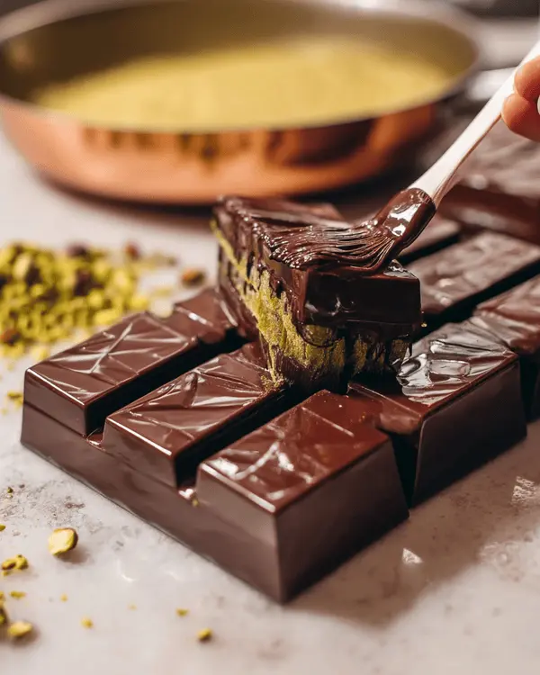 Hands using silicone brush to spread melted chocolate in molds while making dubai chocolate recipe with pistachio butter