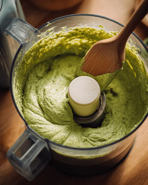 Food processor making smooth pistachio butter with wooden spoon scraping sides