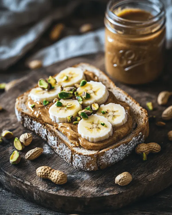 Whole grain toast topped with homemade peanut butter pistachio spread and banana slices, served on wooden board with jar of nut butter