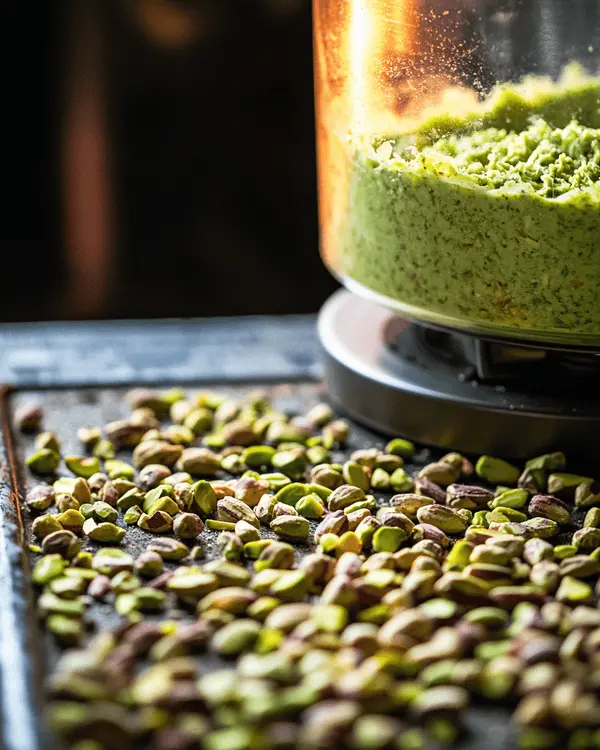 Food processor blending pistachios with a spatula nearby during butter preparation