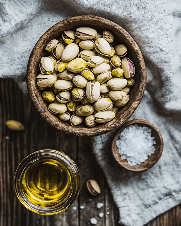 Raw pistachios, oil, and salt displayed on a wooden countertop in natural light