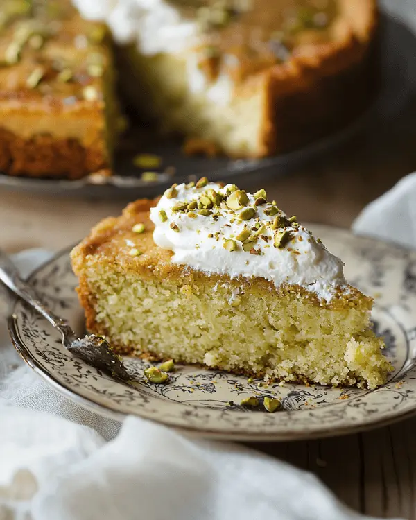 A slice of pistachio cake served with whipped cream and chopped pistachios on a vintage plate.