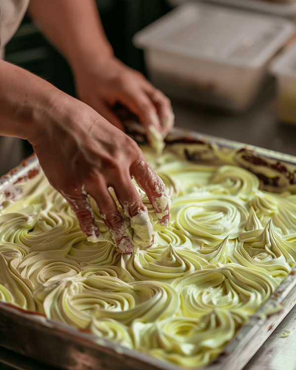 Cream Pistachio Gooey Butter Cake 3 Hands swirling pistachio cream into cream cheese filling in a baking pan.
