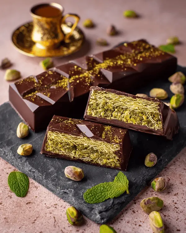 Dubai chocolate bars with pistachio butter served on slate board with Turkish coffee showing cross-section of layered filling