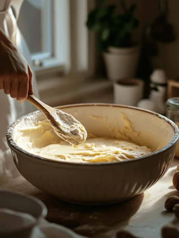 Folding green pistachio powder into cake batter in a warm kitchen setting.