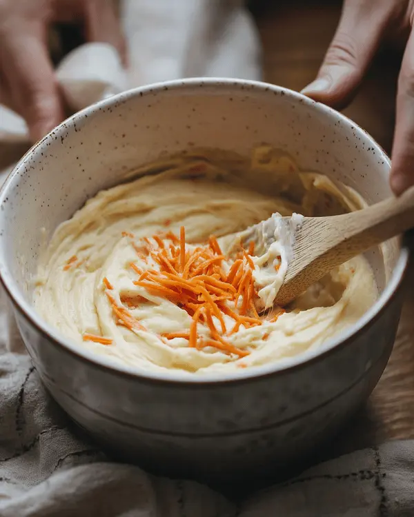 Carrot Cake in a Mug 3 Hands mixing carrot cake batter in a ceramic mug with wooden spoon, showing the process of folding in shredded carrots for microwave mug cake